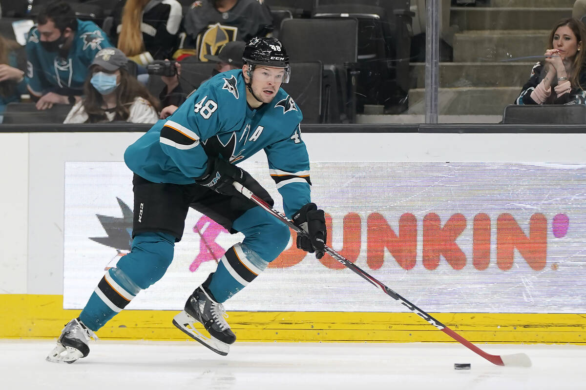 San Jose Sharks center Tomas Hertl (48) skates with the puck against the Vegas Golden Knights d ...