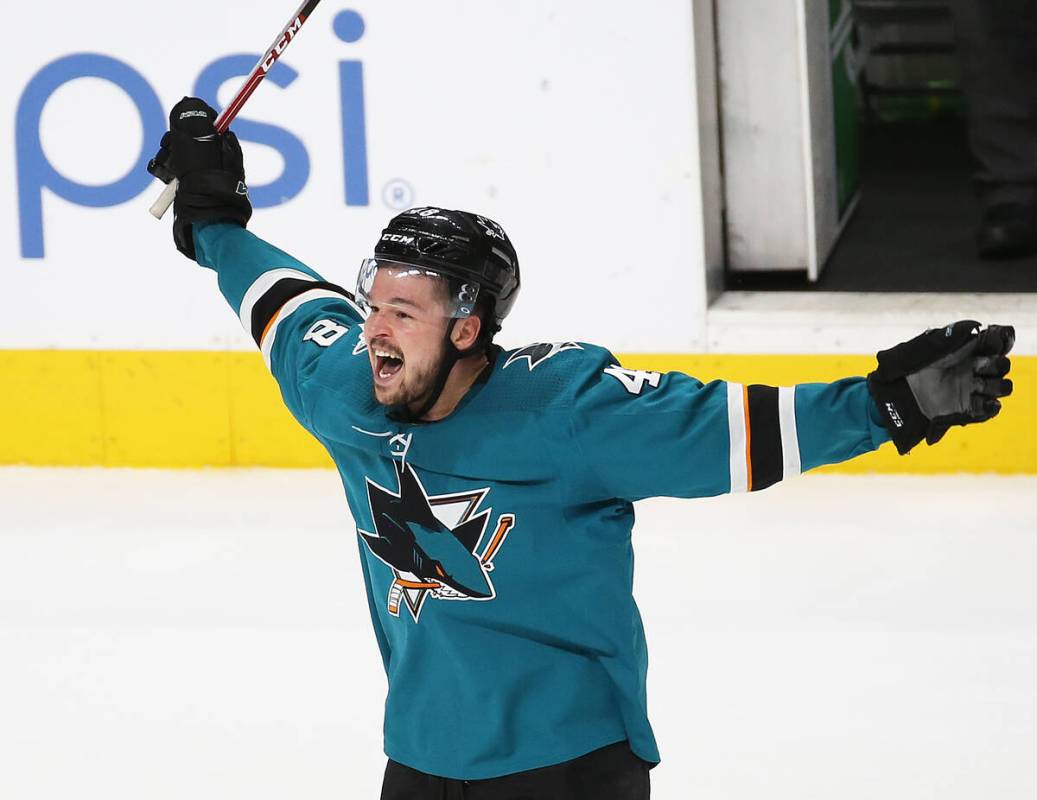 Sharks center Tomas Hertl (48) celebrates after Sharks right wing Barclay Goodrow scored the ga ...