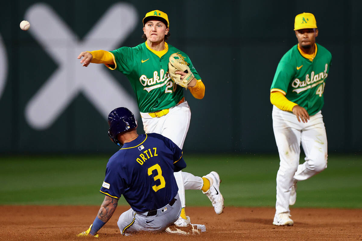 Oakland Athletics second baseman Zack Gelof (20) throws to first base after getting an out on M ...