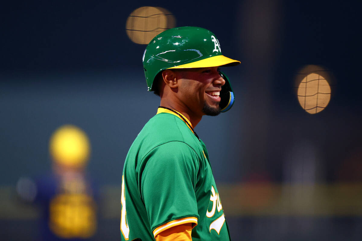 Oakland Athletics shortstop Darell Hernaiz (48) smiles while up to bat during a Major League Ba ...