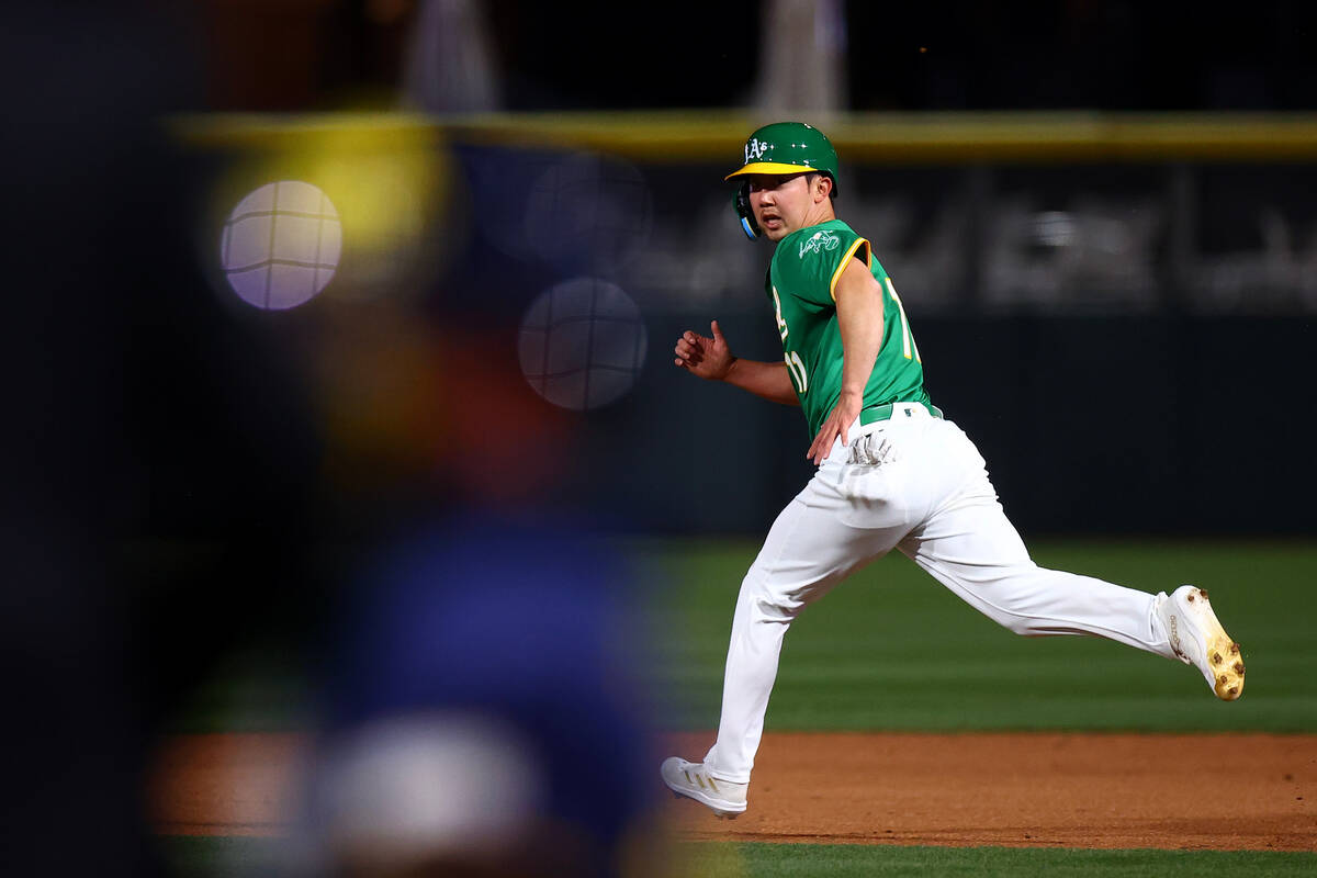 Oakland Athletics outfielder Hoy Park (11) runs to second base during a Major League Baseball s ...