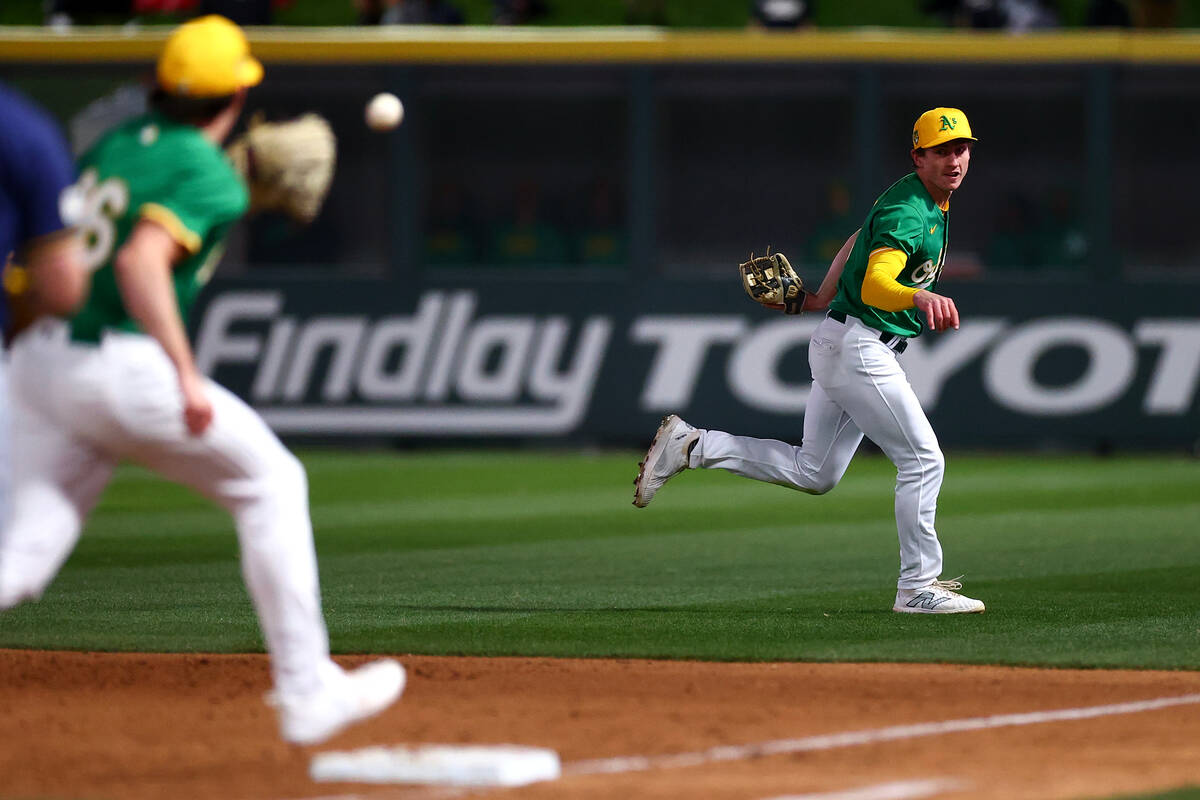 Oakland Athletics infielder Logan Davidson throws to first base for an out over the Milwaukee B ...