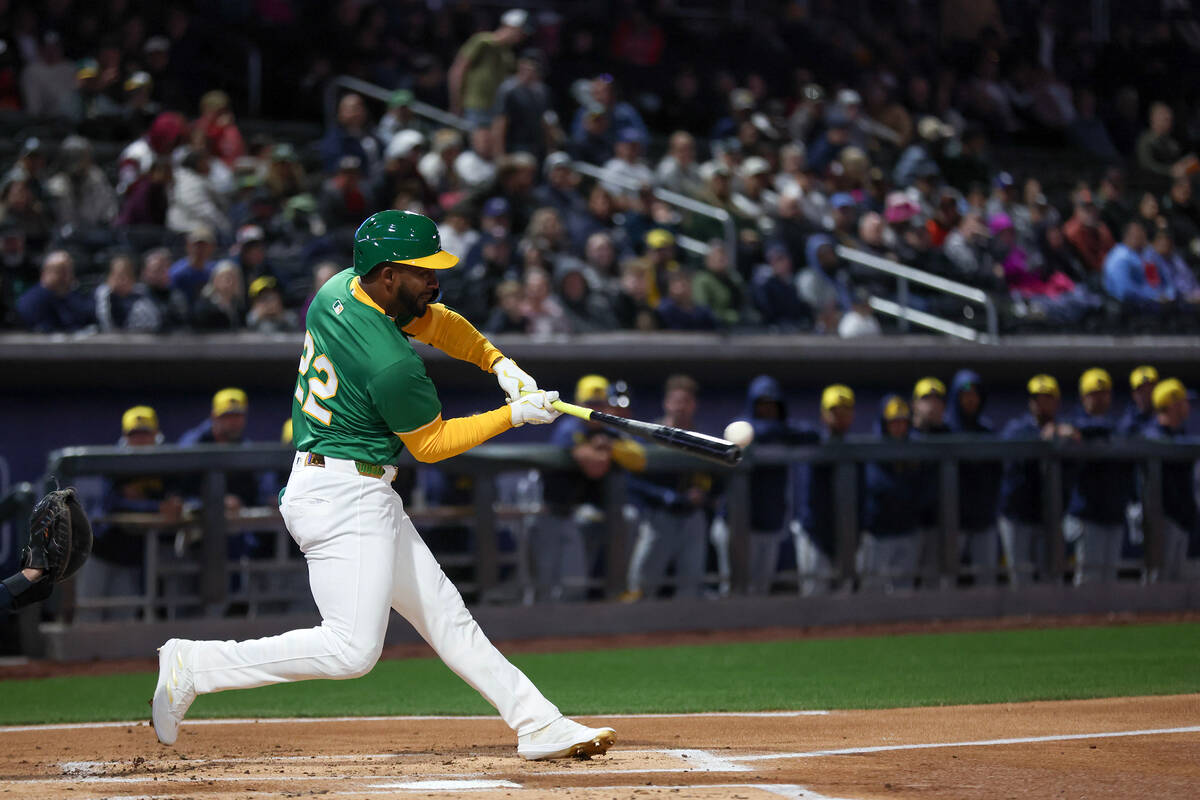 Oakland Athletics outfielder Miguel Andujar (22) bats against the Milwaukee Brewers during a Ma ...