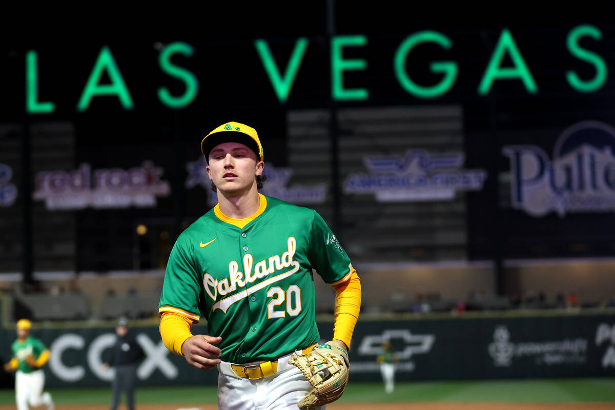 Oakland Athletics second baseman Zack Gelof (20) runs to the bench during a Major League Baseba ...