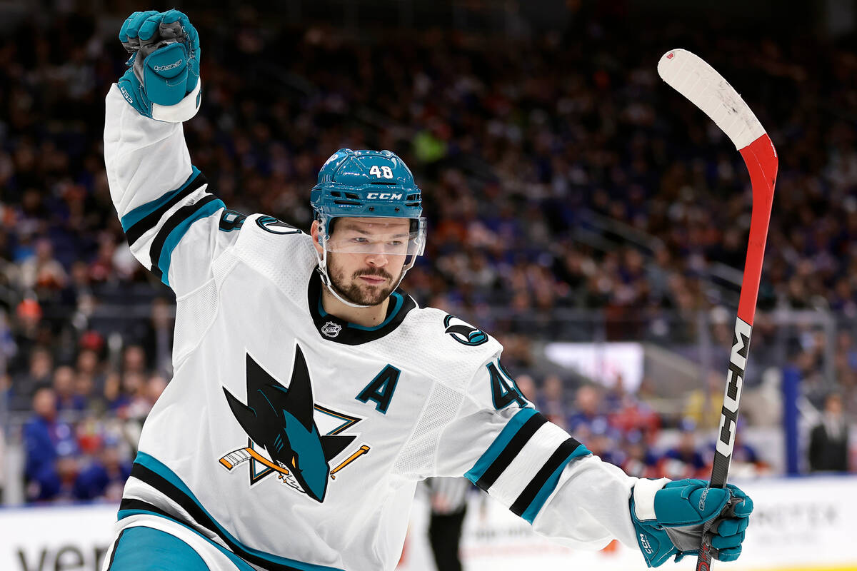 FILE San Jose Sharks center Tomas Hertl (48) reacts after scoring a goal against the New York I ...