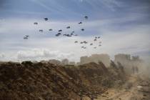 United States Air Force drops humanitarian aid to Palestinians in Gaza City, Gaza Strip, on Sat ...