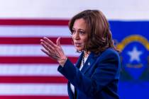 Vice President Kamala Harris speaks about former President Donald Trump during a rally at Mojav ...