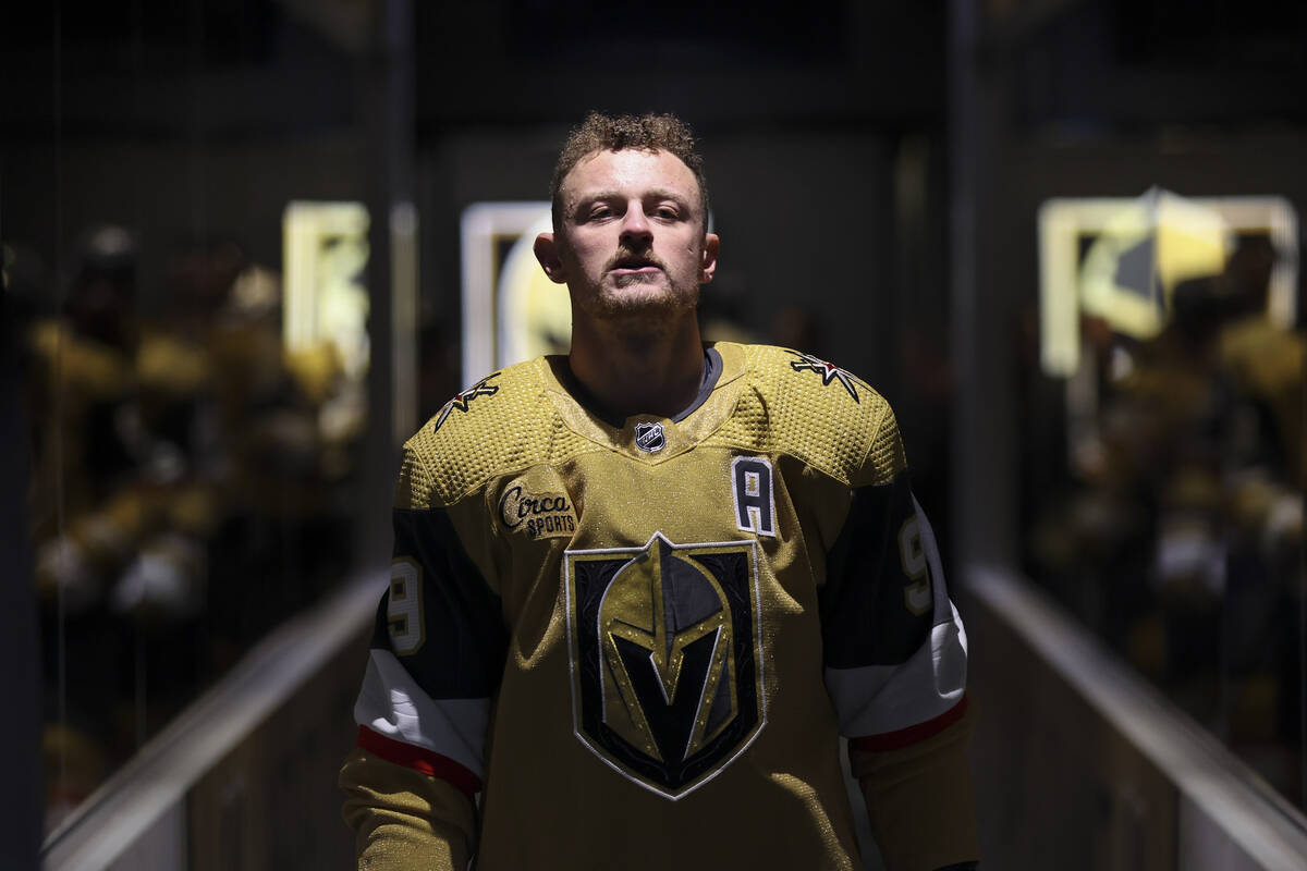 Golden Knights center Jack Eichel (9) takes to the ice for warmups before an NHL hockey game ag ...