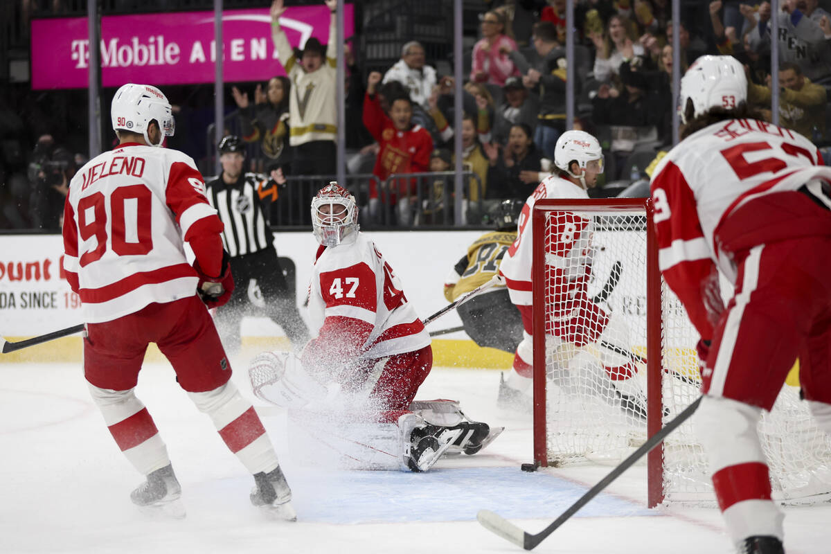 Red Wings goaltender James Reimer (47) looks to the net after Golden Knights right wing Jonatha ...
