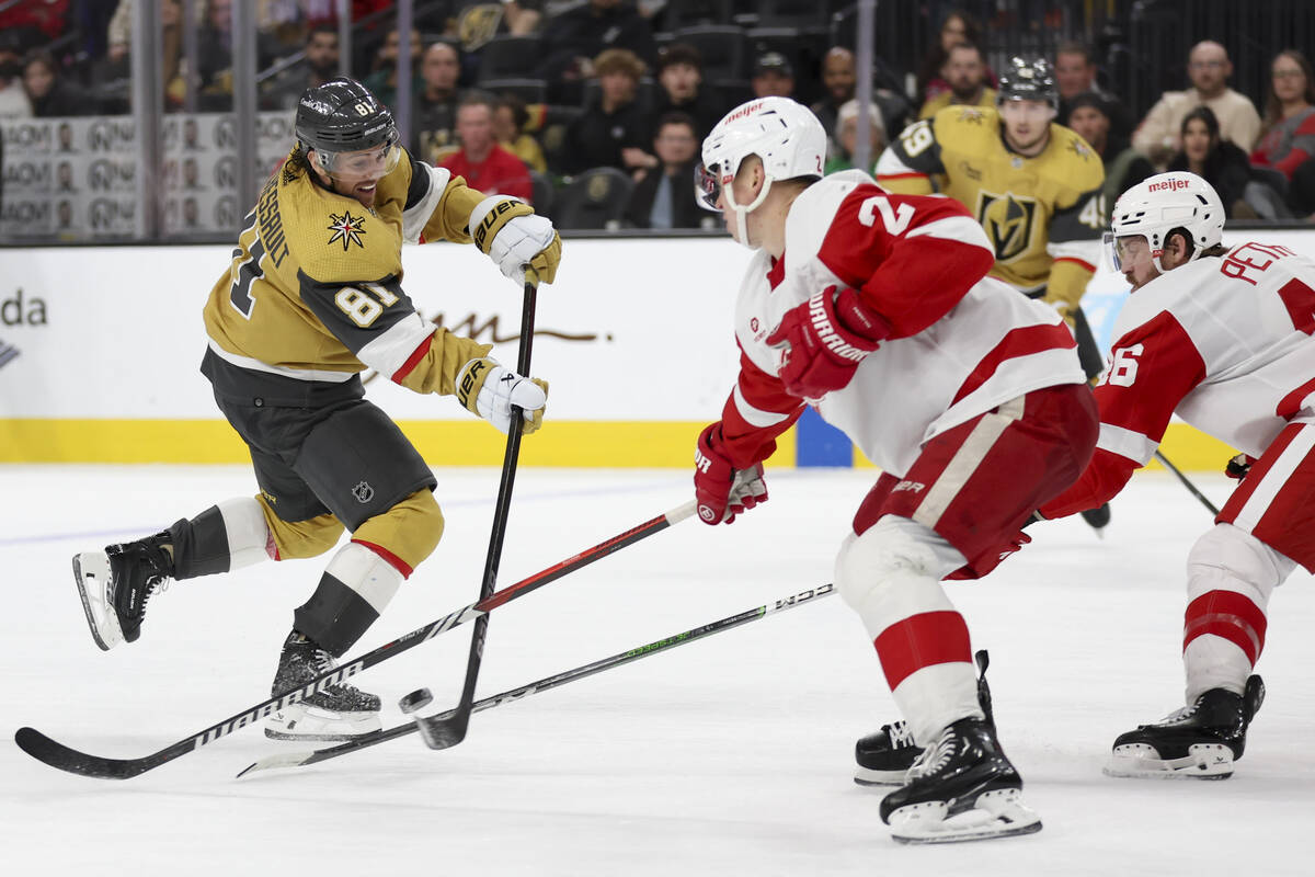 Golden Knights right wing Jonathan Marchessault (81) skates with the puck against Red Wings def ...