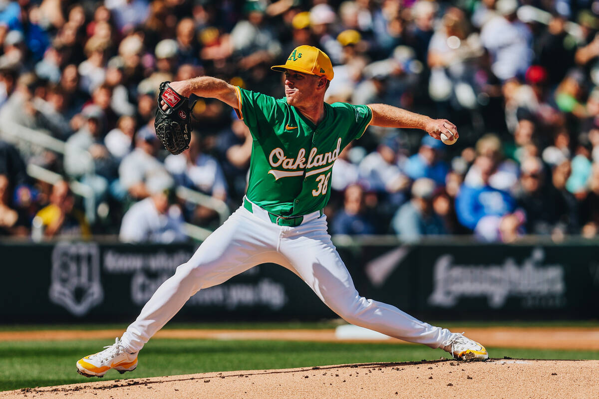 Oakland A’s pitcher JP Sears (38) pitches the ball from the mound during a Big League We ...