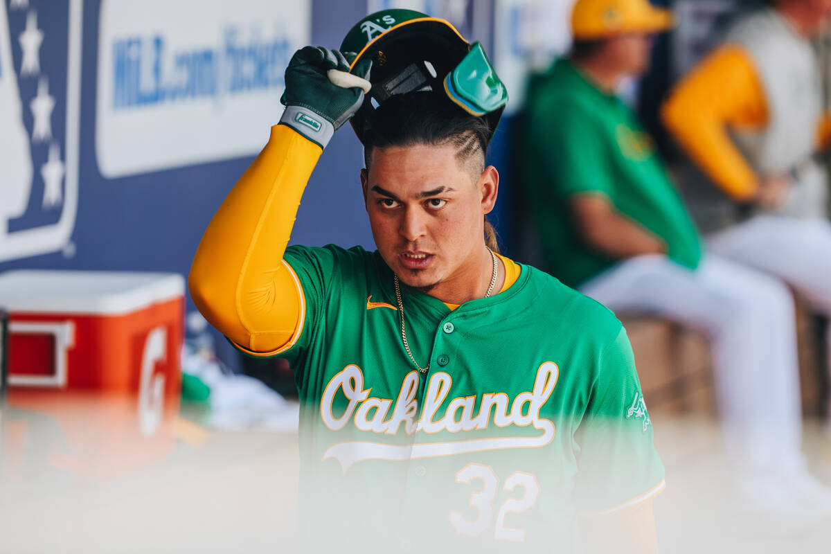 Oakland A’s catcher Yohel Pozo (32) is seen in the dug out during a Big League Weekend g ...