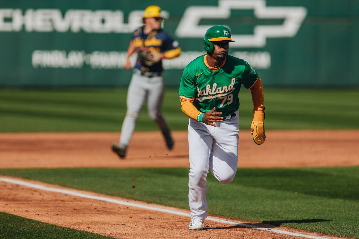 Oakland A’s outfielder Jeisson Rosario (79) runs to fourth base during a Big League Week ...
