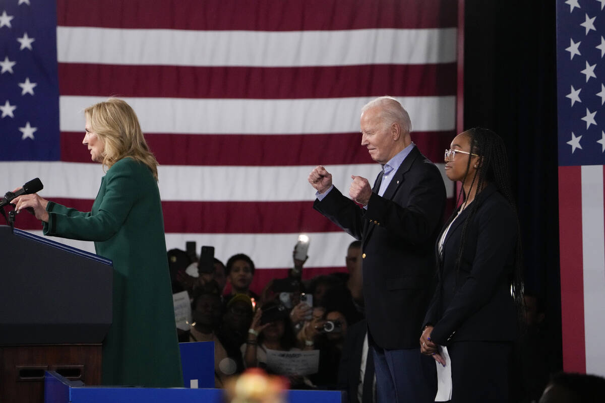 First lady Jill Biden speaks before President Joe Biden at a campaign rally Saturday, March 9, ...