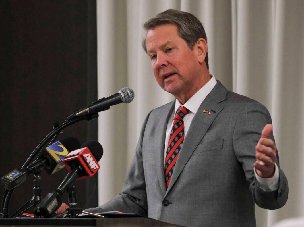 Georgia Gov. Brian Kemp speaks to the attendees at the Athens Area Chamber of Commerce's Pancak ...