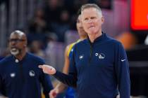 Golden State Warriors coach Steve Kerr gestures during the first half of the team's NBA basketb ...