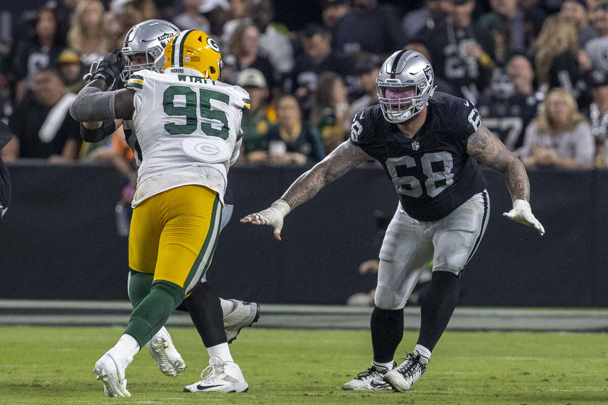 Raiders center Andre James (68) prepares to block as Green Bay Packers defensive tackle Devonte ...