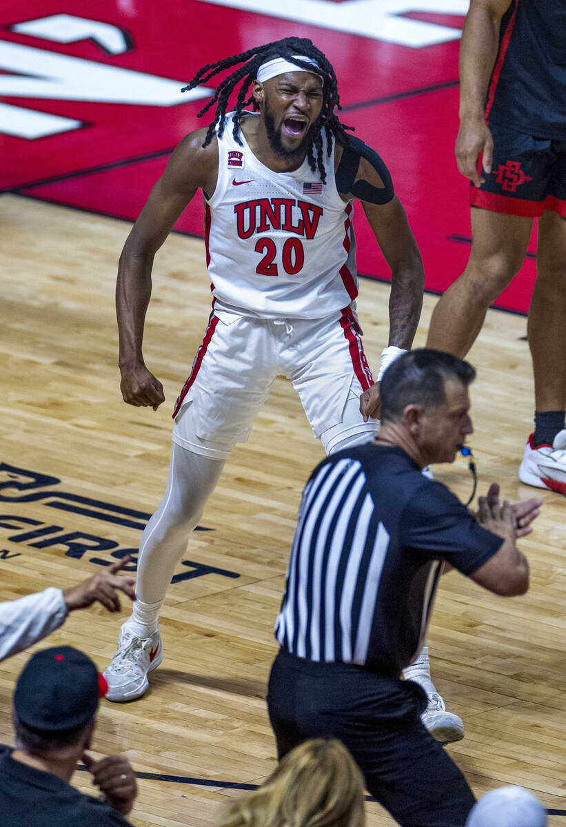 UNLV forward Keylan Boone (20) yells after causing another turnover against the San Diego State ...