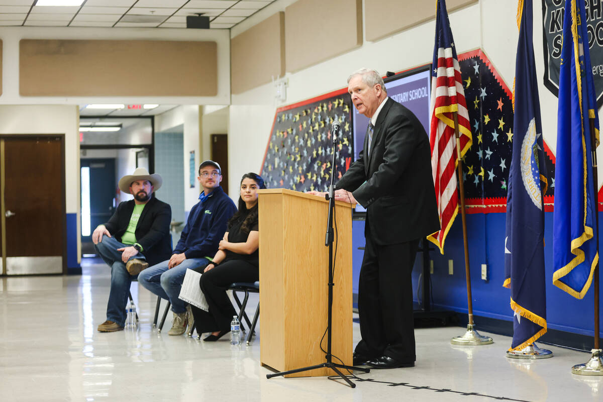 Agriculture Secretary Tom Vilsack addresses members of the media at Elaine Wynn Elementary Scho ...
