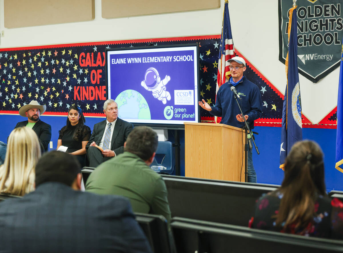 Joey Patchett, a farmer with Green Our Planet, addresses members of the media at Elaine Wynn El ...