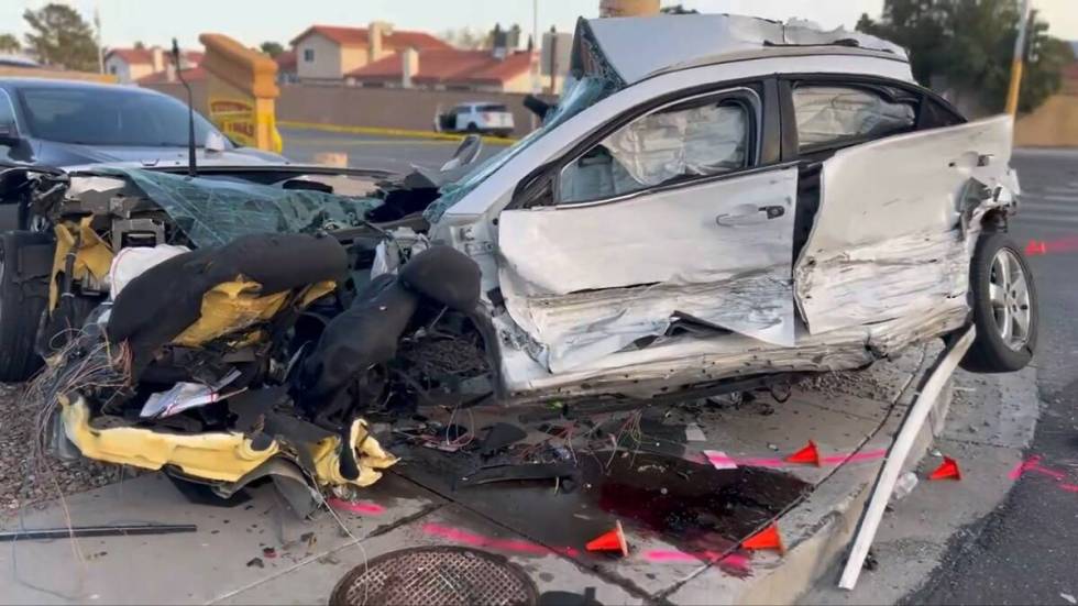 A destroyed Pontiac G6 is seen in a March 9, 2024 crash at Pecos Road and Hacienda Avenue that ...