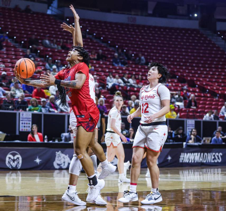 Fresno State’s guard Deajanae Harvey (50) takes a shot during the Mountain West Conferen ...