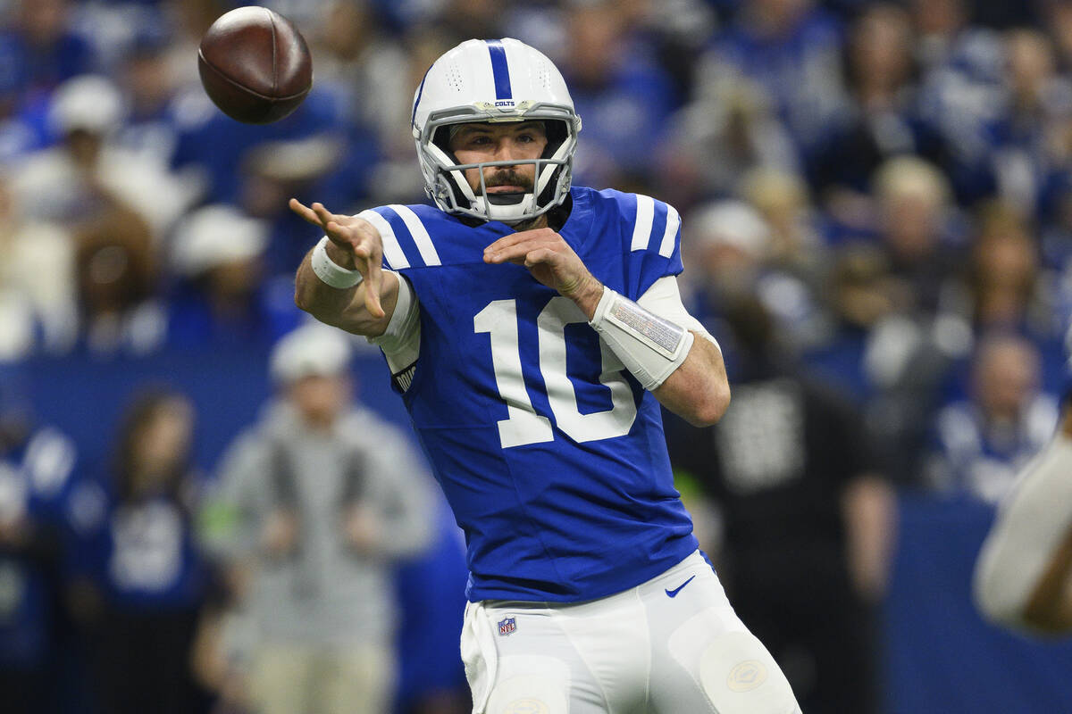 Indianapolis Colts quarterback Gardner Minshew (10) throws to the sidelines during an NFL footb ...