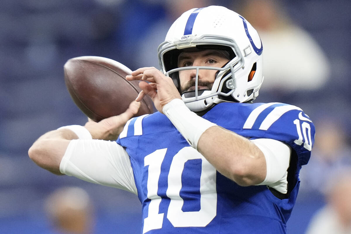 Indianapolis Colts quarterback Gardner Minshew (10) warms up before an NFL football game agains ...