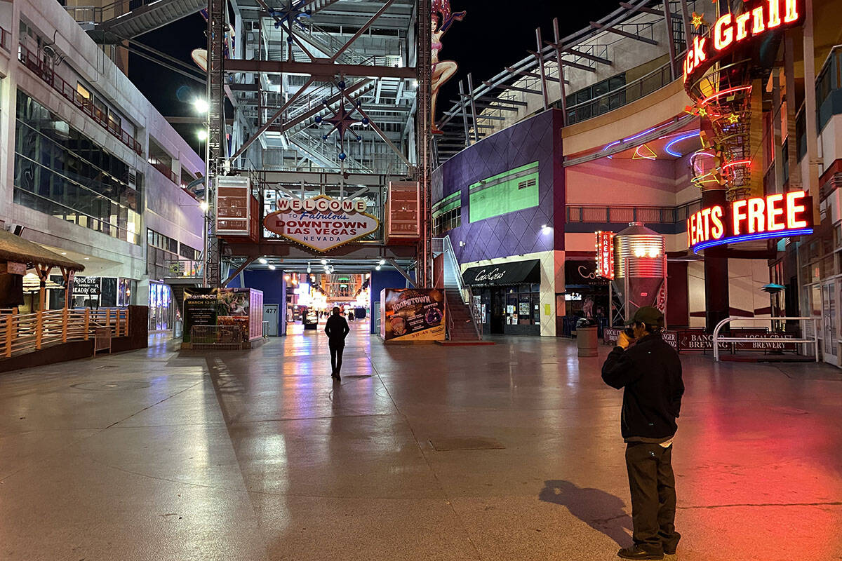 The welcome sign dark at Fremont Street Experience in downtown Las Vegas Wednesday, March 18, 2 ...