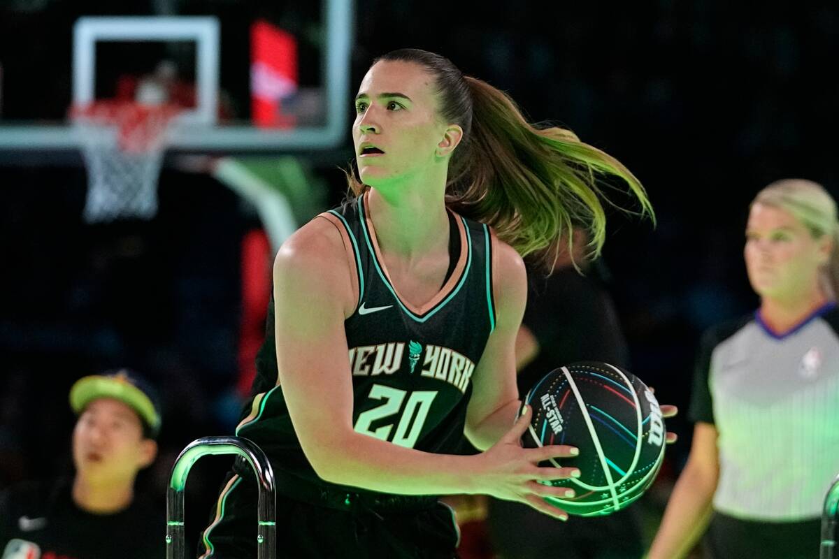 New York Liberty guard Sabrina Ionescu takes part in a competition against Golden State Warrior ...