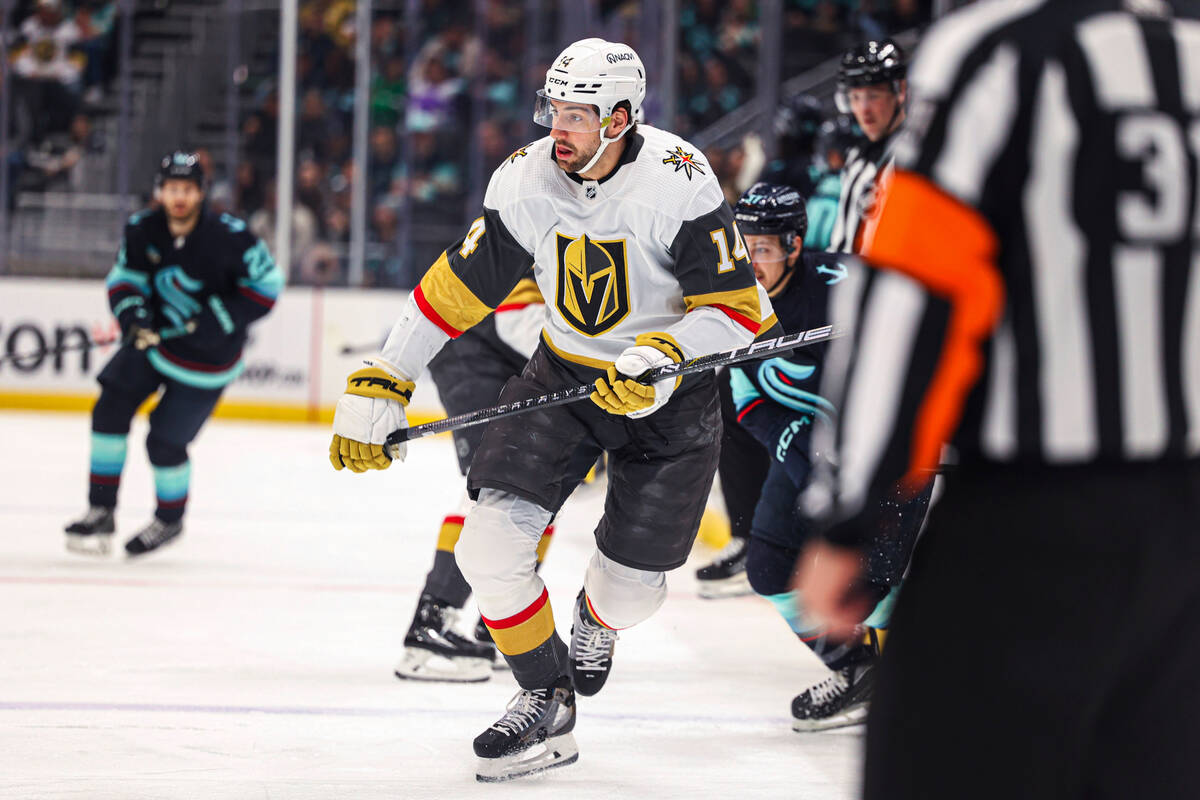 Vegas Golden Knights right wing Jonathan Marchessault is congratulated for his goal against the ...