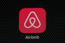 The Airbnb app icon is displayed on an iPad screen in Washington, D.C., on May 8, 2021. Airbnb ...