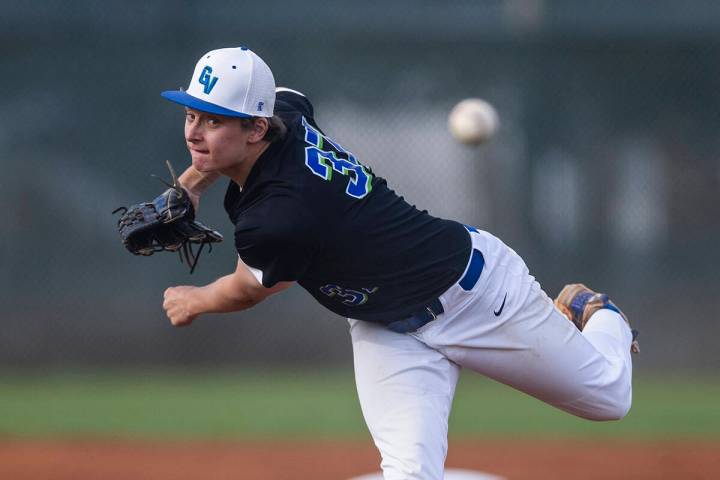 Green Valley pitcher Joseph Steidel (37) releases a pitch against a Silverado batter during the ...