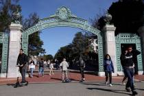 People walk through Sproul Plaza on the UC Berkeley campus on March 14, 2022, in Berkeley, Cali ...