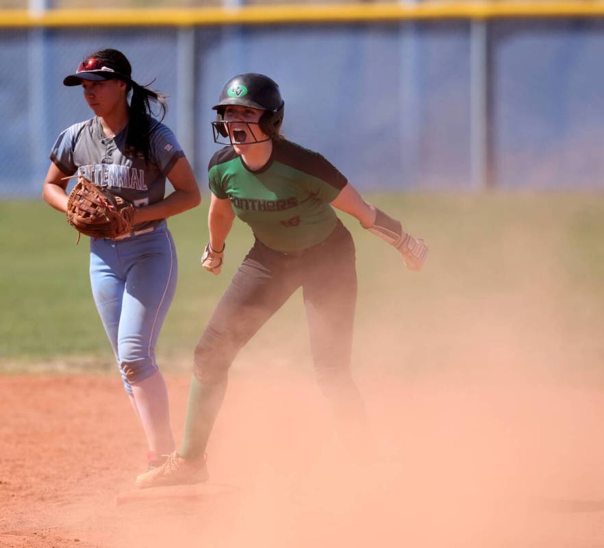 Palo Verde’s Mya Bartlett (18) celebrates a double against Centennial in the 6th inning ...