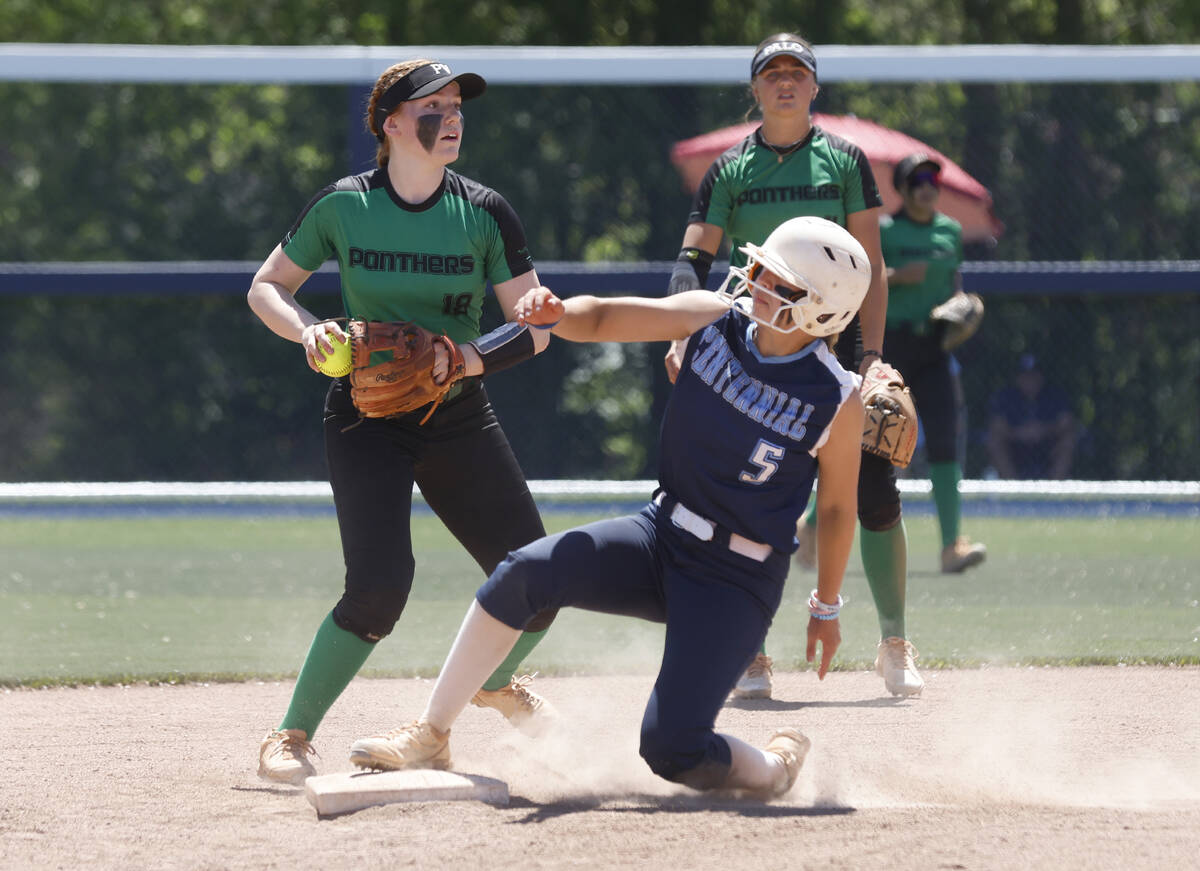 Palo Verde High's shortstop Mya Bartlett forces out a sliding Centennial High's Carmella Korte ...