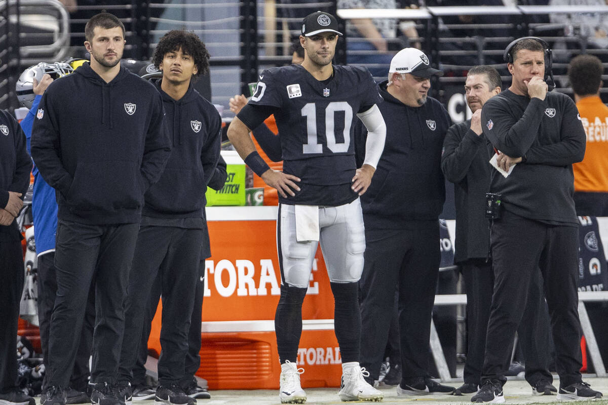 Raiders quarterback Jimmy Garoppolo (10) watches the team play from the sideline during the sec ...