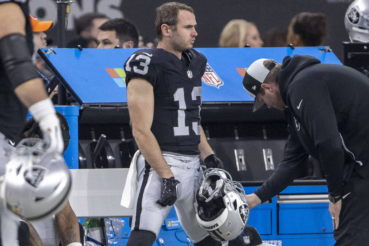 Raiders wide receiver Hunter Renfrow (13) watches the team play from the sideline during the se ...