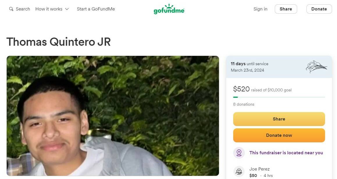 A March 12, 2024, screenshot of the GoFundMe page set up by family members of Thomas Quintero, ...