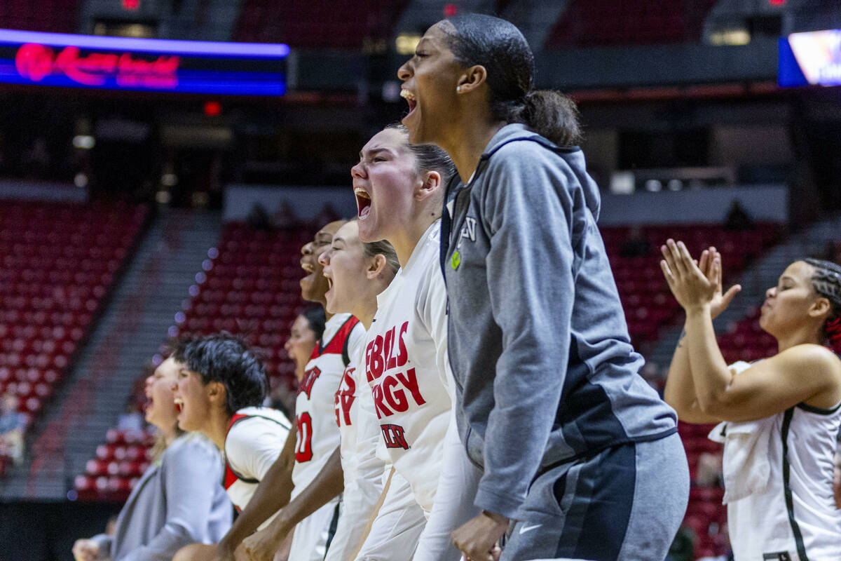 UNLV Lady Rebels players on the bench are pumped by their lead late against the Colorado State ...