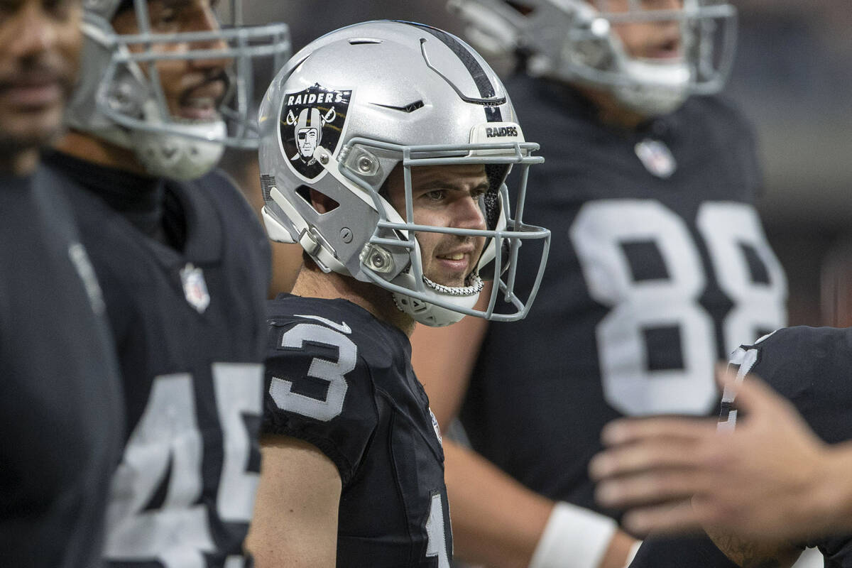 Raiders wide receiver Hunter Renfrow (13) looks on from the sideline during the first half of a ...