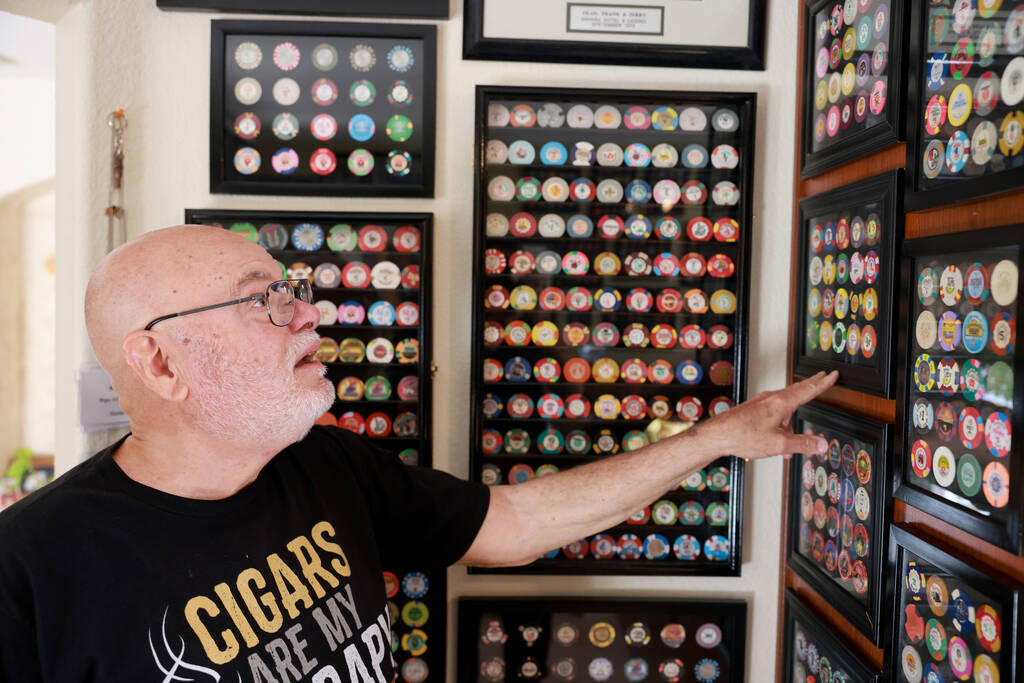 Rigo Villarnovo, 77, talks about his collection of casino chips at his Las Vegas home Wednesday ...