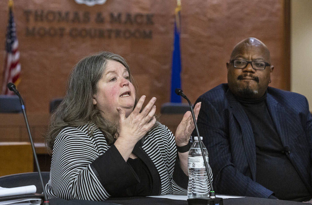 JoNell Thomas, left, the Clark County special public defender, speaks as Judge Richard Boulware ...