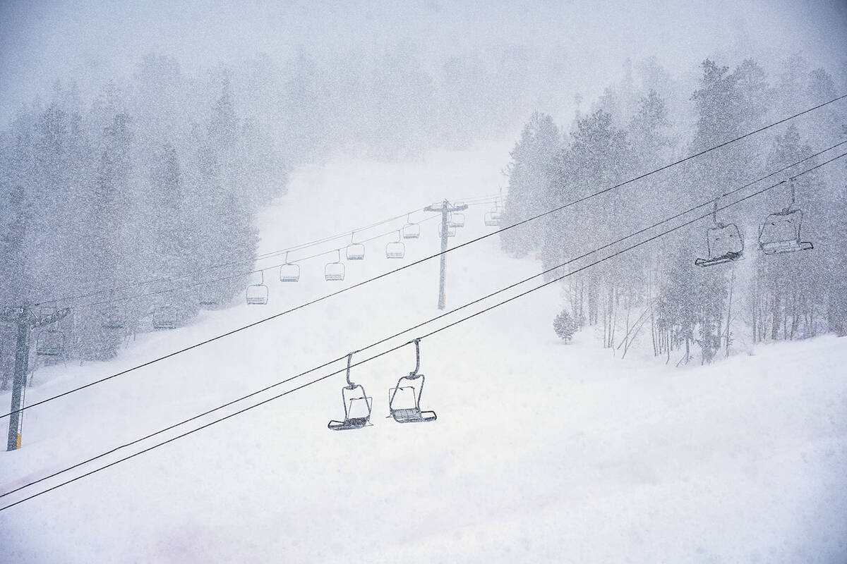 Snow falls on the slopes of Lee Canyon on Wednesday, March 13, 2024. The resort recorded 15 inc ...