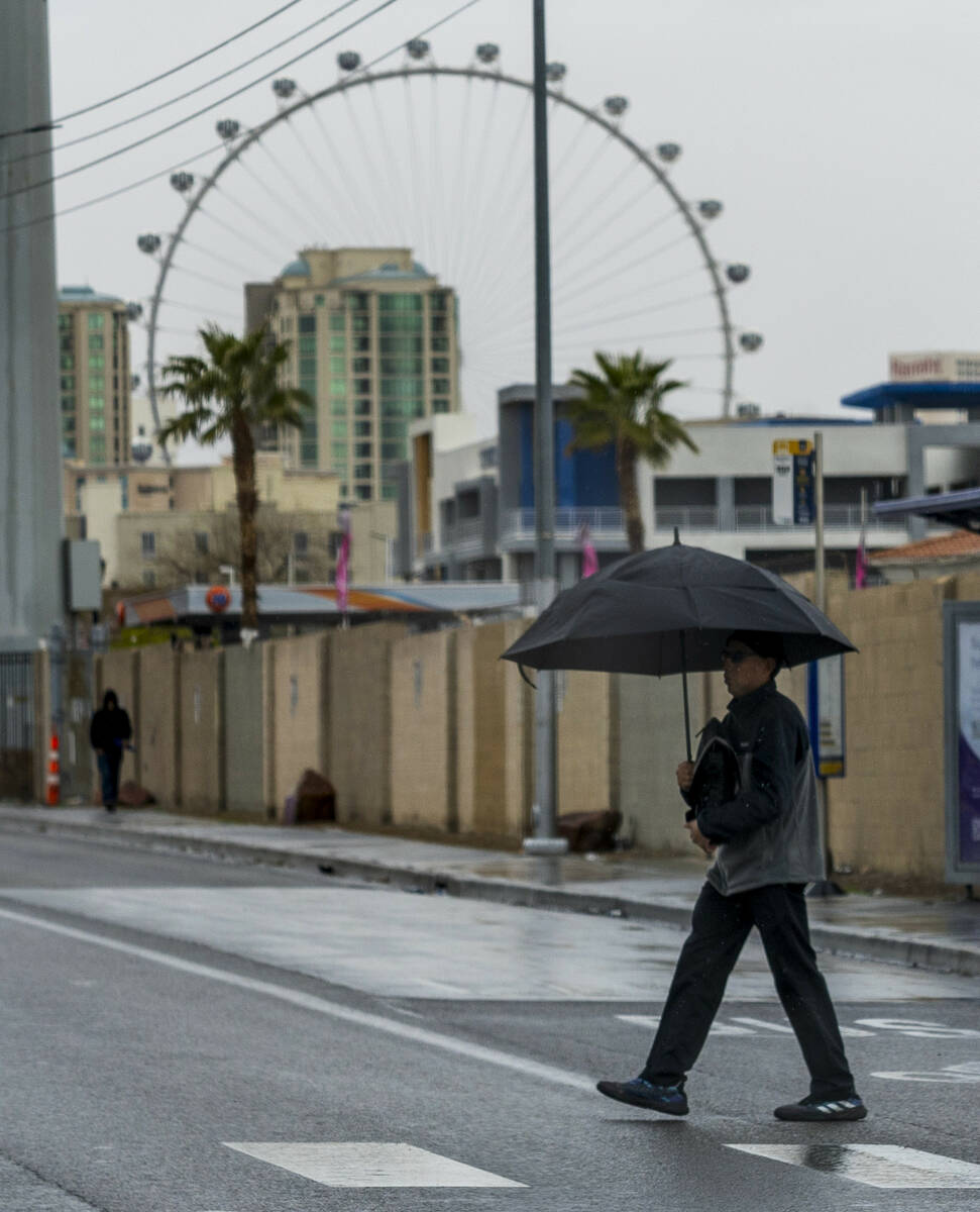 A pedestrian with umbrella crosses Flamingo Road during a rainy day on Friday, March 15, 2024, ...