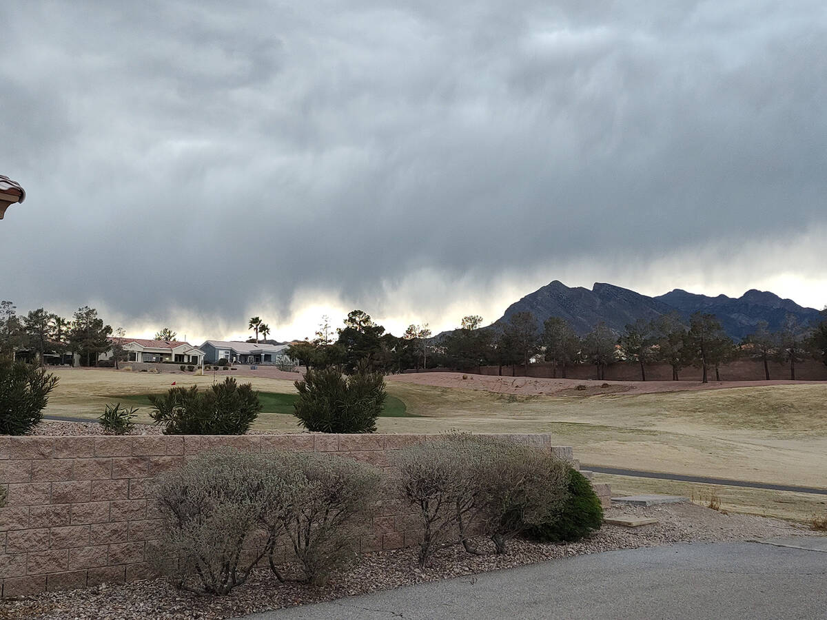 A line of clouds blocks the sunset over the western horizon in Las Vegas on Thursday, March 14, ...