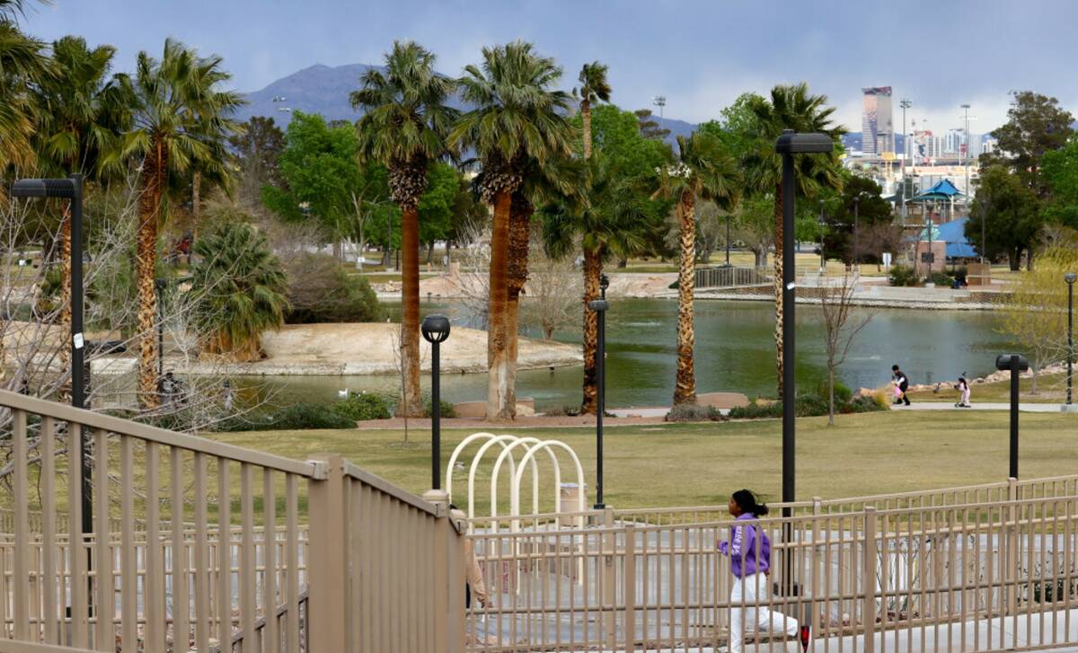Stormy skies linger over Lorenzi Park on Thursday, March 14, 2024, in Las Vegas. (Ellen Schmidt ...