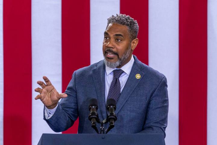 Congressman Steven Horsford (D-NV-04) speaks during a Vice President Kamala Harris rally at Moj ...