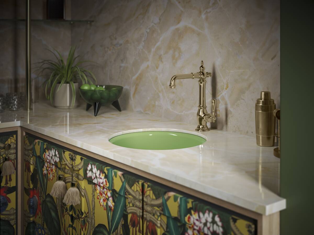 Colorful tiles and fixtures were highlighted at the Kohler booth at the annual Kitchen & Bath I ...