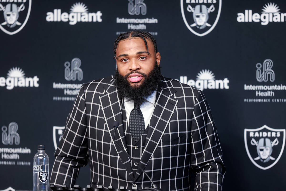 New Raiders defensive tackle Christian Wilkins talks to the news media at Intermountain Health ...